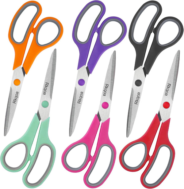 Scissors, Rkqoa 8" Scissors All Purpose 6 Pack - Comfort-Grip Sharp Scissors for Office School Sewing Fabric Craft Desk Supplies, Classroom Must Have, Teacher/Class Scissors, Right/Left Handles