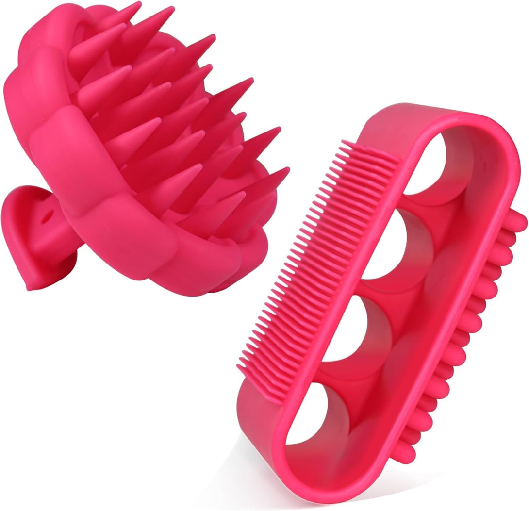 Silicone Body Scrubber Set, Bath Shower Body Brush and Shampoo Brush Scalp Massager Exfoliator with Intensive Bristles and Comfort Handle, Cleanse Skin & Hair,Easy to Clean and Long-Lasting.Red