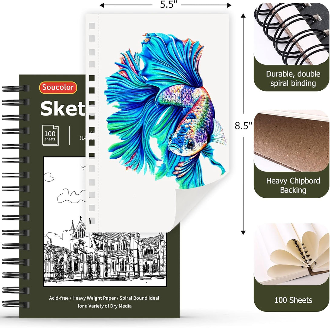 Soucolor 5.5" X 8.5" Sketchbook Pack of 2, 200 Sheets Sketch Book, Spiral Bound Sketch Pad Drawing Book Acid-Free Paper (68Lb/100Gsm), Painting Sketching Drawing Art Supplies for Adults Kids Teens