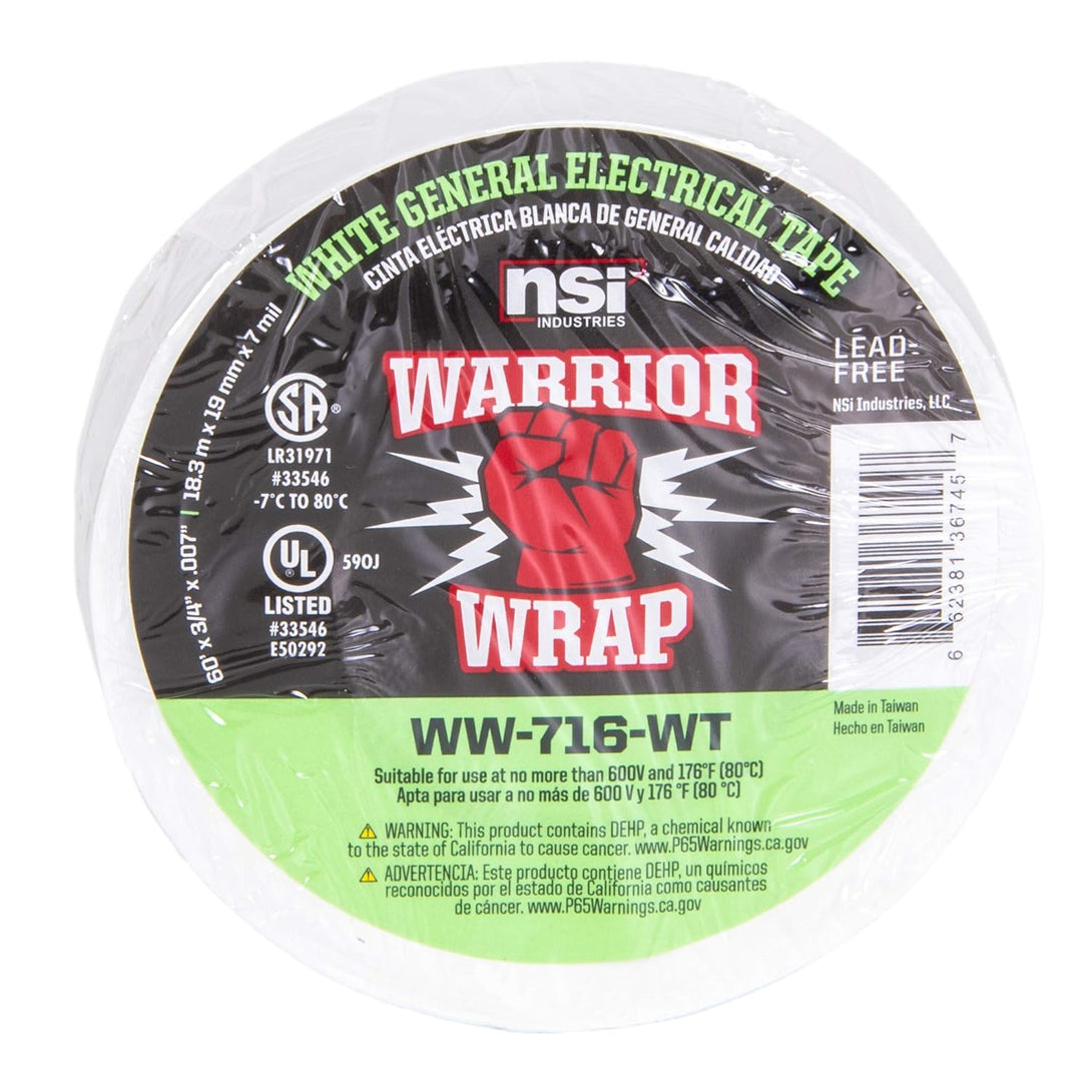 NSI WW-716-WT Warriorwrap General 7 Mil Vinyl Electrical Tape, 3/4" Width, 60' Length, White