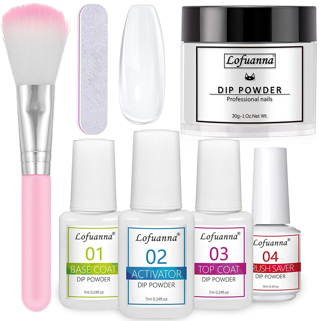 Lofuanna Dip Powder Nail Kit Starter-Clear Nail Dipping Powder with Base&Top Coat&Activator&Brush Saver,No UV/LED Needed,Diy French Nail Art Manicure,Easy to Apply for Home or Salon Use