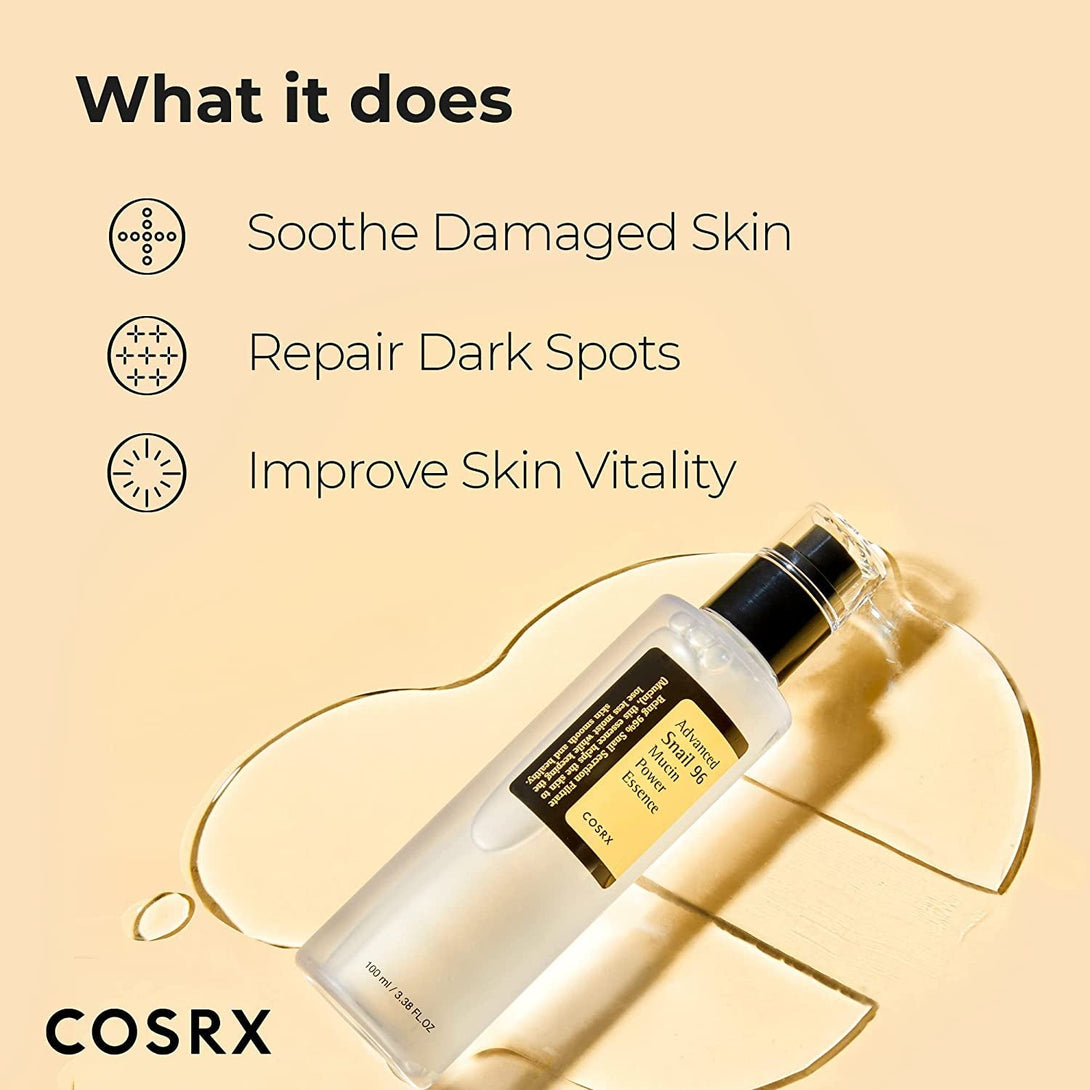 COSRX Snail Mucin 96% Power Repairing Essence 3.38 Fl.Oz 100Ml, Hydrating Serum for Face with Snail Secretion Filtrate for Dull Skin & Fine Lines, Korean Skin Care