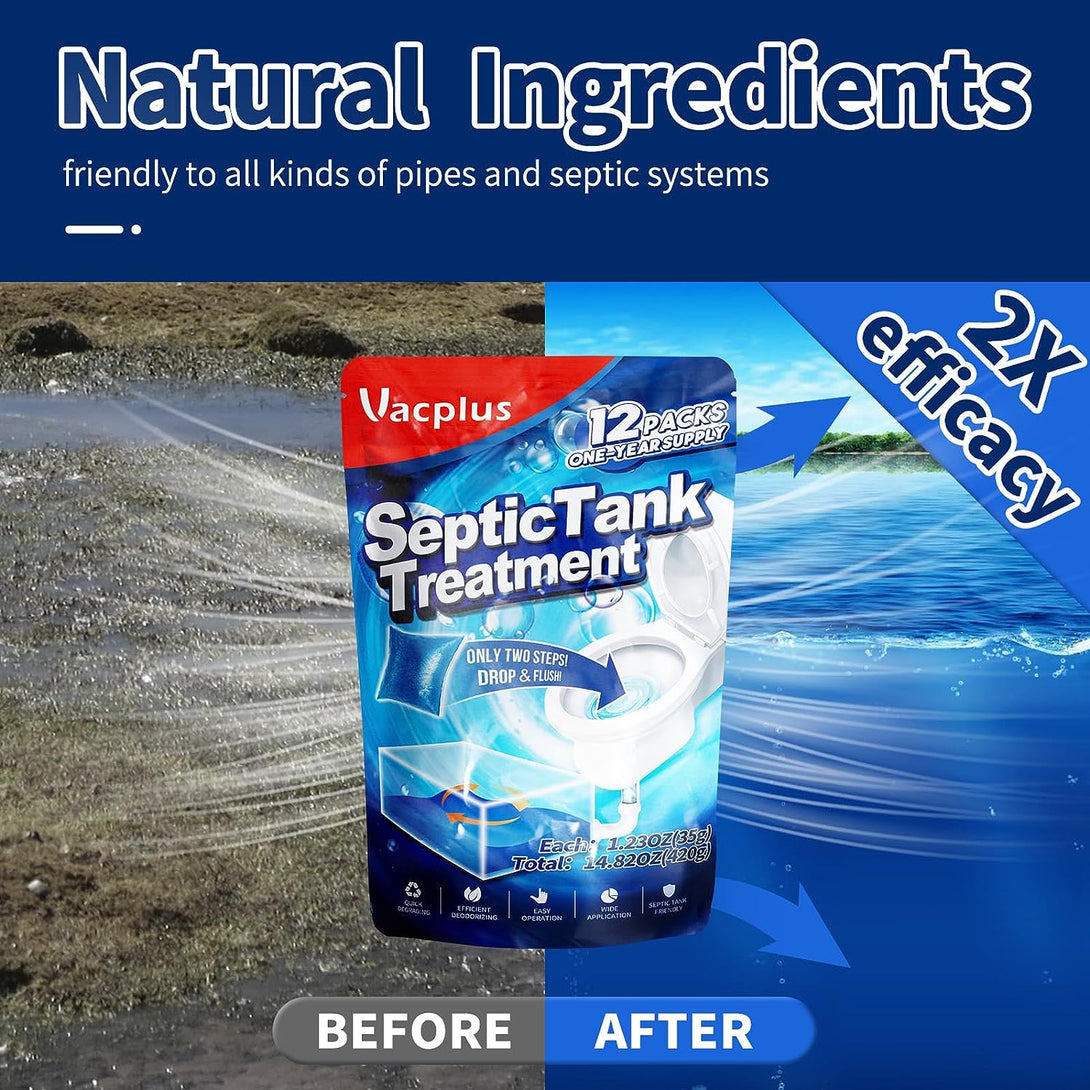 Vacplus Septic Tank Treatment 12 Pcs for 1-Year Supply, Dissolvable Packs with Easy Operation, Durable Biodegradable Enzymes for Wastes, Greases & Odors, Blue, 2X Efficiency