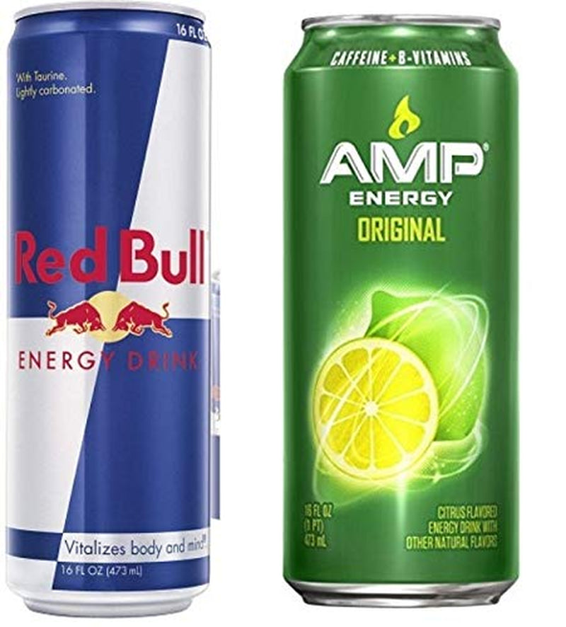Amp Energy Drink Original and Red Bull Energy Drink Original Combo Pack, 16Fl.Oz. (Pack of 8)