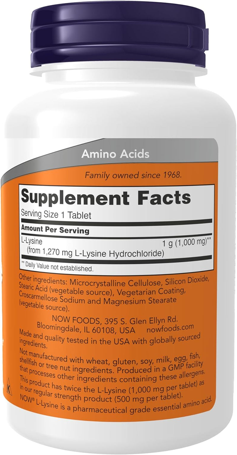 NOW Foods Supplements, (L-Lysine Hydrochloride) 1,000 Mg, Double Strength, Amino Acid, 100 Tablets