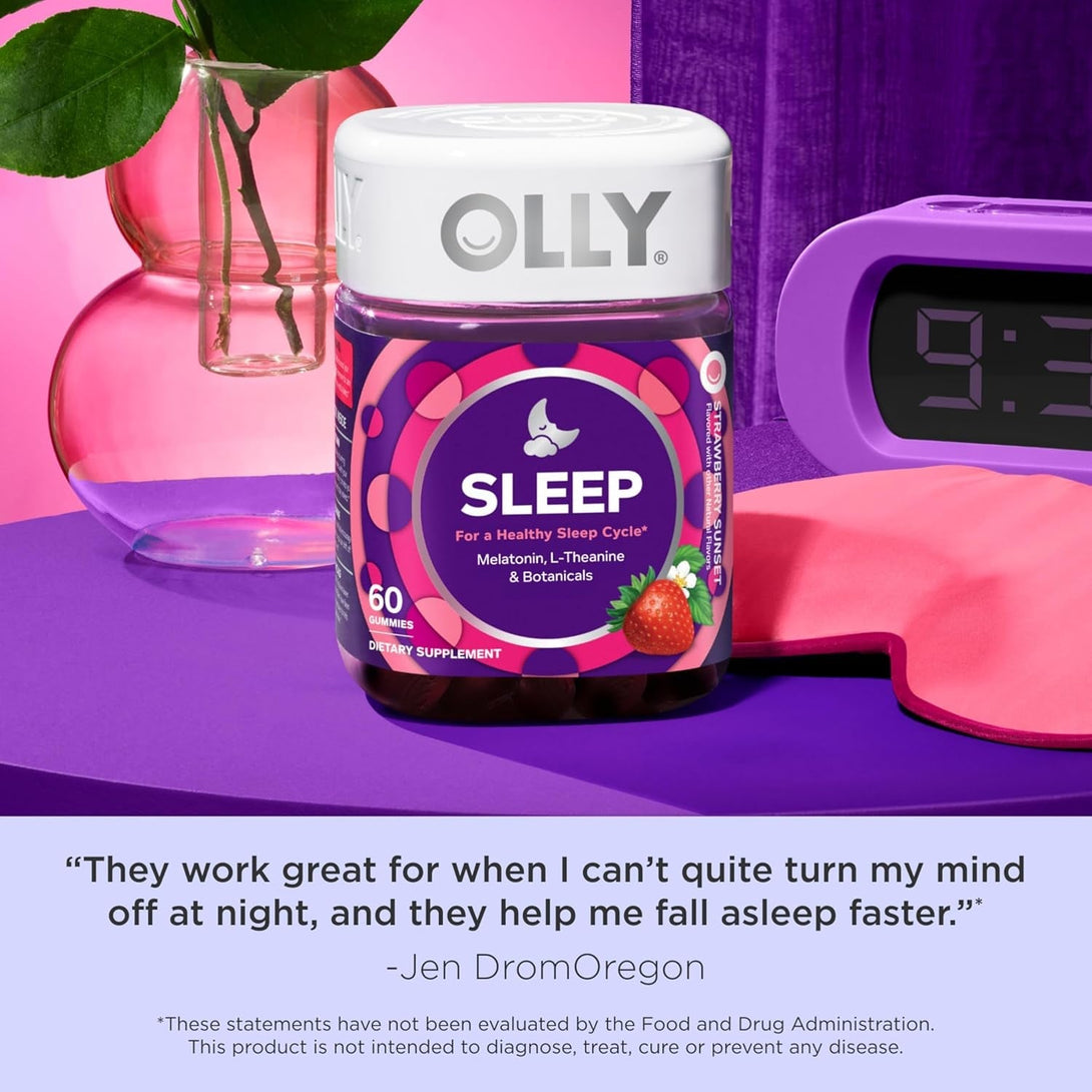 OLLY Sleep Gummy, 3 Mg Melatonin, L-Theanine, Chamomile, Lemon Balm, Sleep Aid, Strawberry, 60 Count