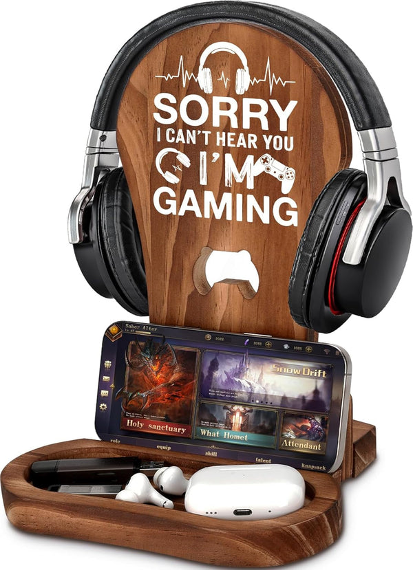 Gamer Gifts for Teenage Boys, Gaming Headphone Stand for Men, Gaming Room Decor Wooden Headset Holder, Son Boyfriend Husband Game Lover Gifts -Sorry I Can'T Hear You I'M Gaming