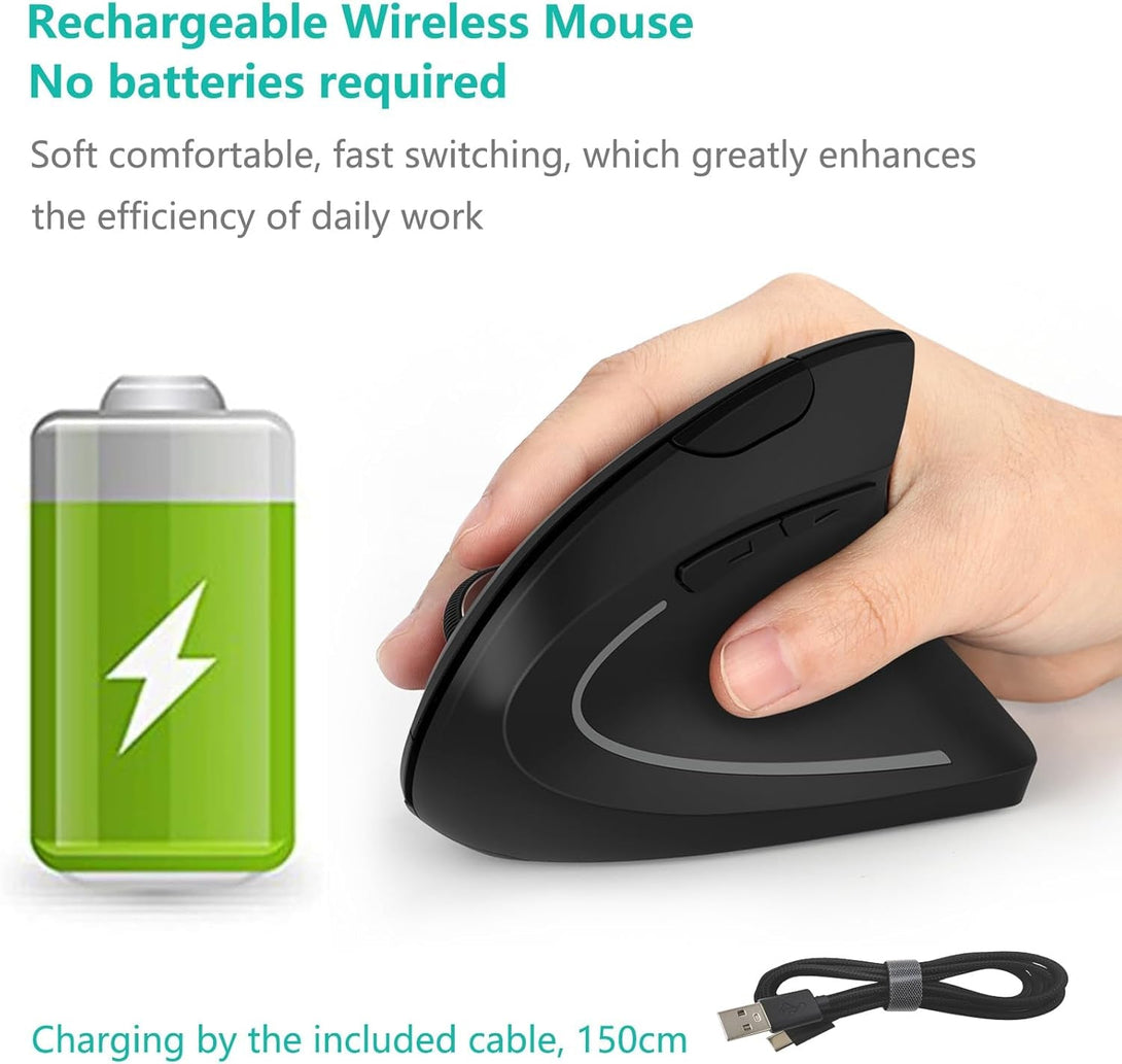 Lekvey Ergonomic Mouse, Vertical Wireless Mouse - Rechargeable 2.4Ghz Optical Vertical Mice : 3 Adjustable DPI 800/1200/1600 Levels 6 Buttons, for Laptop, PC, Computer, Desktop, Notebook Etc, Black