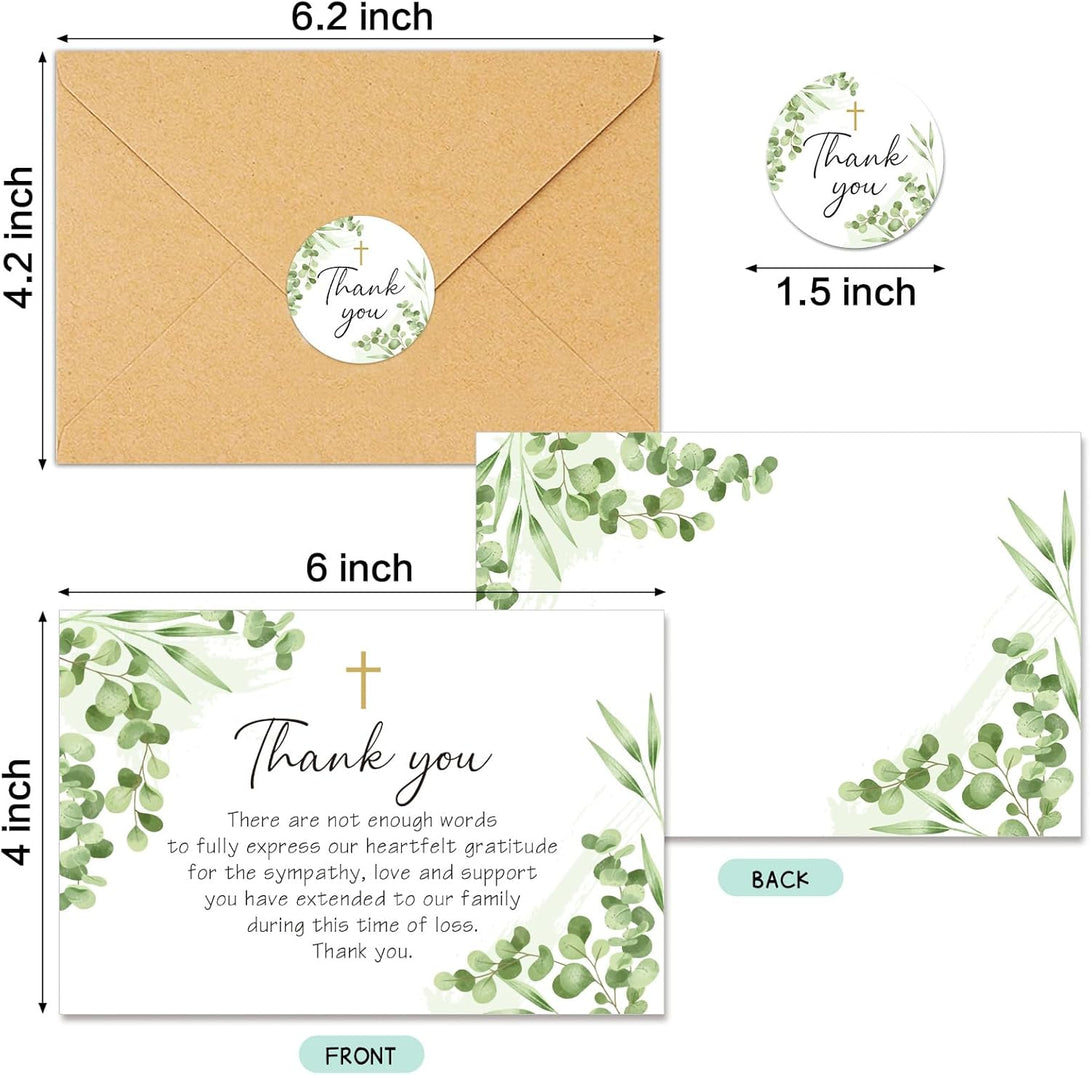 50Pcs Funeral Sympathy Thank You Cards with Envelopes and Matching Seal Stickers, Green Leaf Cross Bereavement Card with Message for Memorial Service Loved Ones Celebration of Life