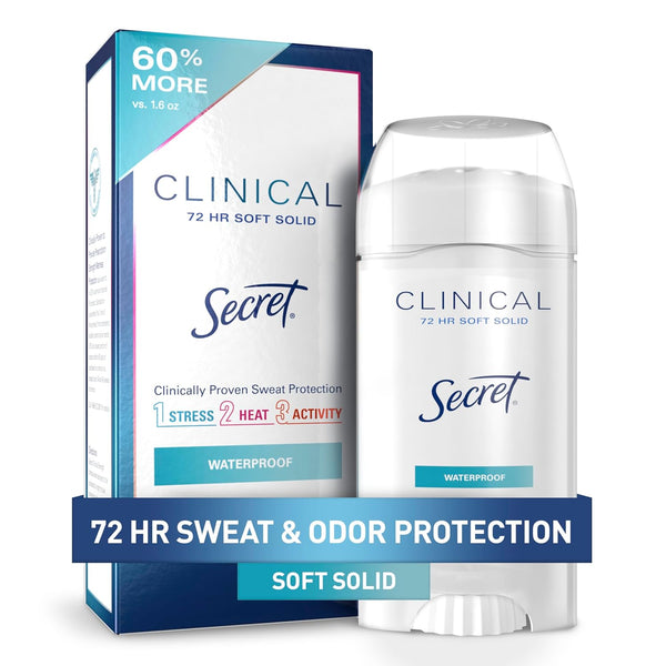 Secret Clinical Strength Antiperspirant Deodorant for Women, Waterproof, 3X Stress Protection, 72Hr Sweat & Odor Protection, PH Balancing Minerals, Soft Solid, 2.6 Oz