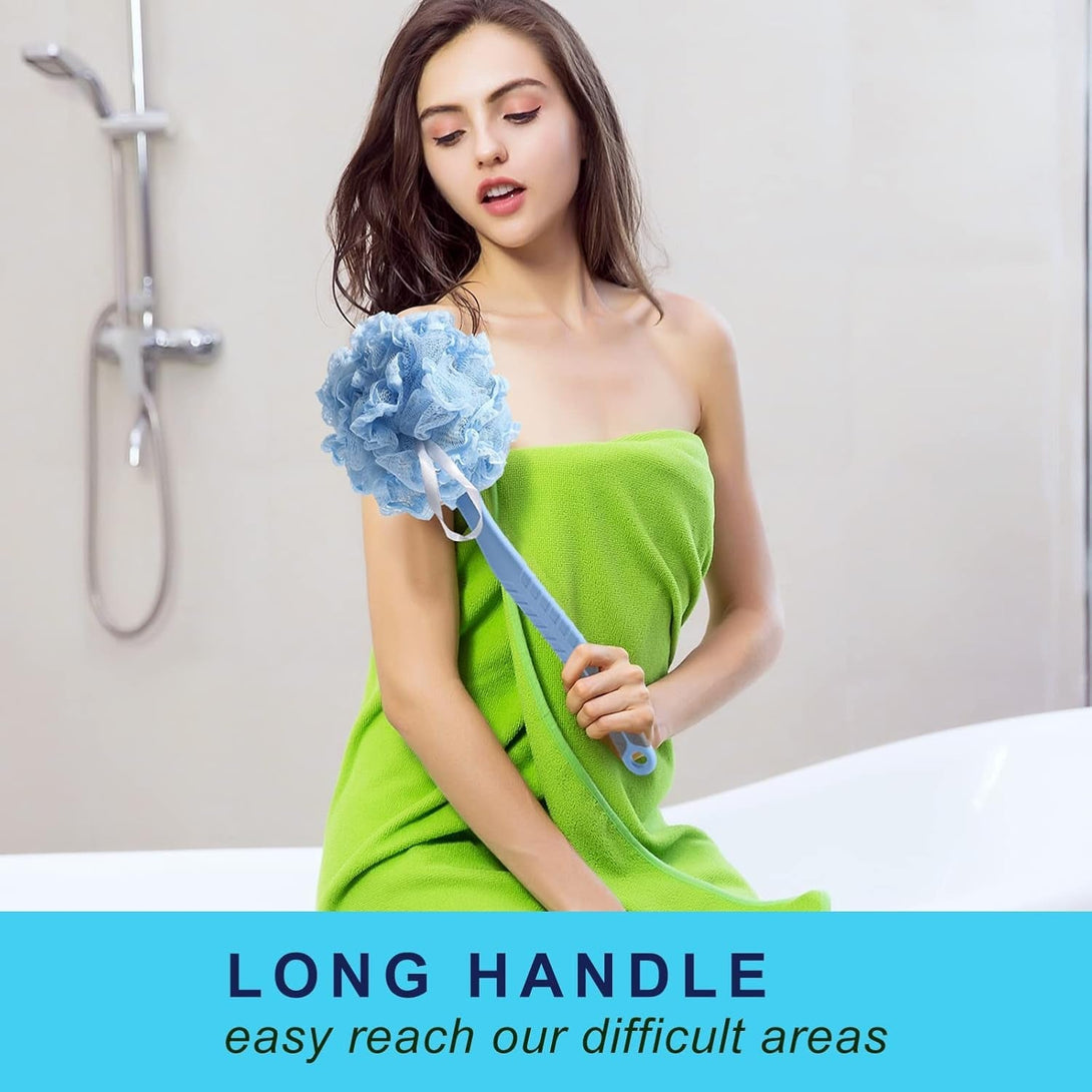 [2Nd Generation] Shower Body Brush with Bristles and Loofah,Back Scrubber Bath Mesh Sponge with Curved 16" Long Non-Slip Handle Skin Exfoliating Massage Suitable for Men and Women (Blue)