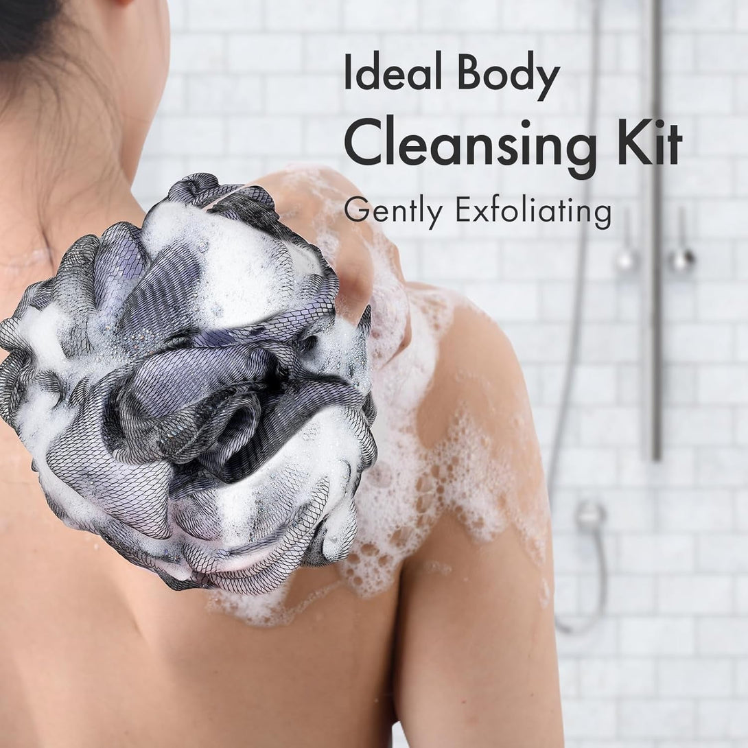 Amazerbath Charcoal Loofah Sponge, Shower Loofah 60G/Pcs - Body Scrubber Loofa Set of 4 - Charcoal Blue, Green, Purple & Red, Bath Sponge for Men and Women