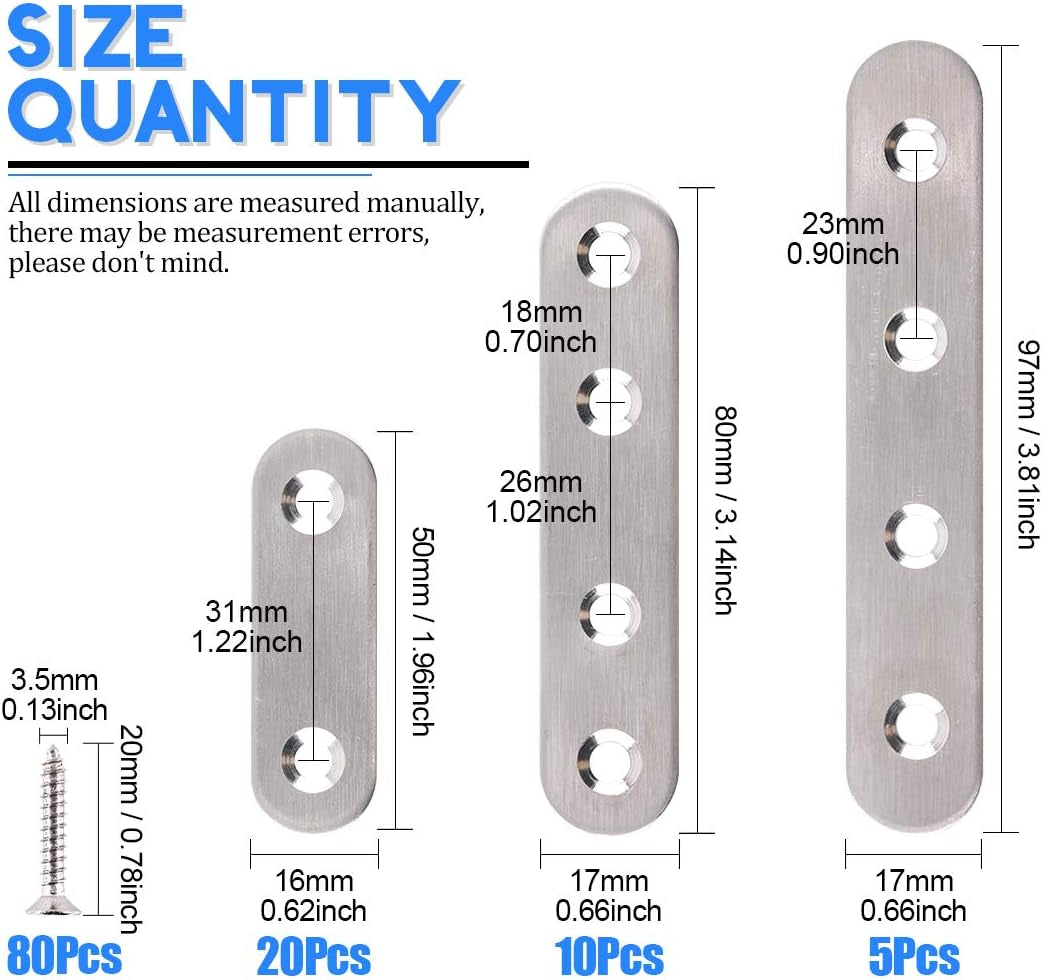 Glarks 35-Pieces 2 Inch/ 3 Inch/ 4 Inch Stainless Steel Flat Straight Brace Brackets Mending Joining Plates Repair Fixing Bracket Connector and 80Pcs Screws Set, Total 115Pcs, Silver