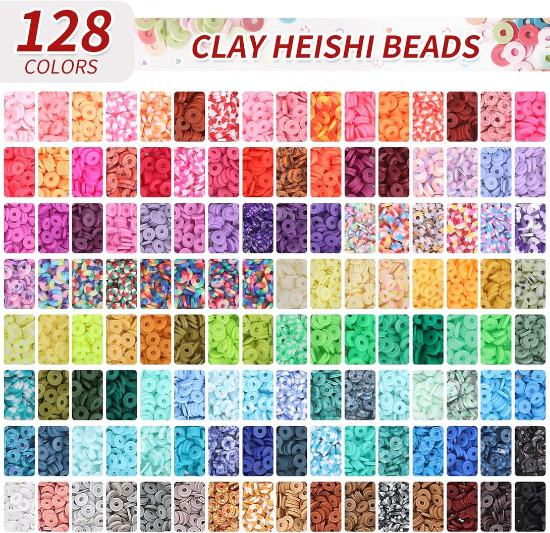 QUEFE 16860 Pcs Clay Beads Bracelet Making Kit, 128 Colors Polymer Beads Spacer Heishi Beads, Flat Preppy Beads for Jewelry Making Kit with Charms, DIY Crafts Gift