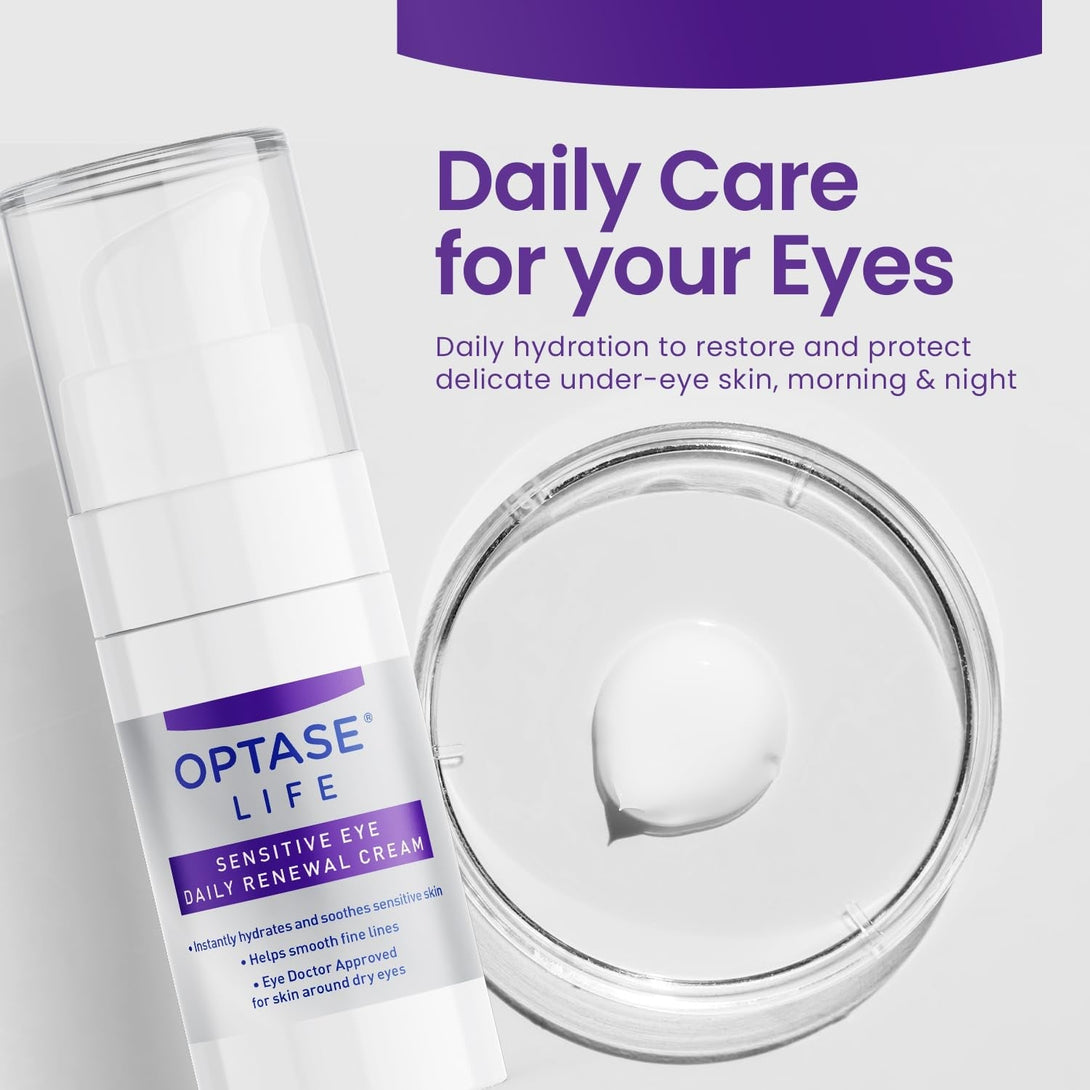 Optase LIFE Sensitive Eye Daily Renewal Cream, 15Ml - Fast-Acting, Preservative-Free Hydrating Eye Cream for Dry, Sensitive Skin - Lightweight, Non-Sticky - with Ionized Water - Eye Doctor Approved