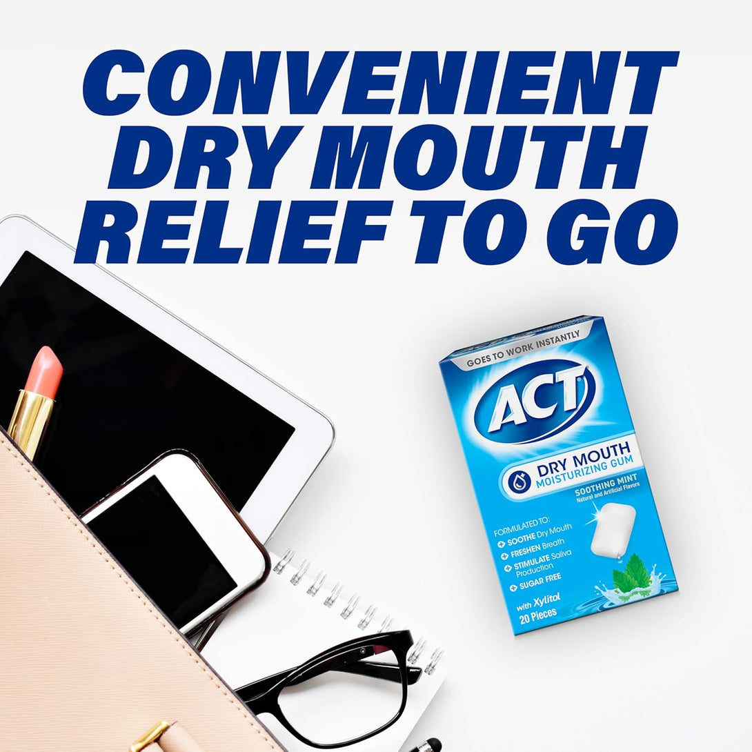 ACT Dry Mouth Moisturizing Gum, 20 Pieces, with Xylitol, Sugar Free Soothing Mint