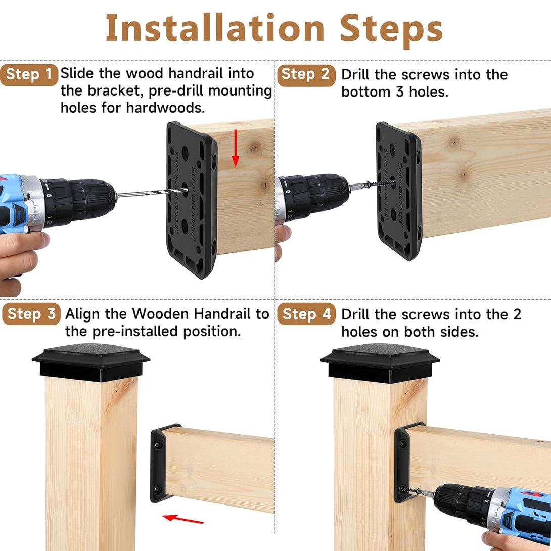 Steel DN Mate 20 PCS Deck Railing Bracket Connectors for 2X4 (Actual 1.5”X3.5”) Wood Post to Handrail Connection, Sturdy Nylon Stair Fence Railing Connectors with Coated Wood Screws,Drill Bit