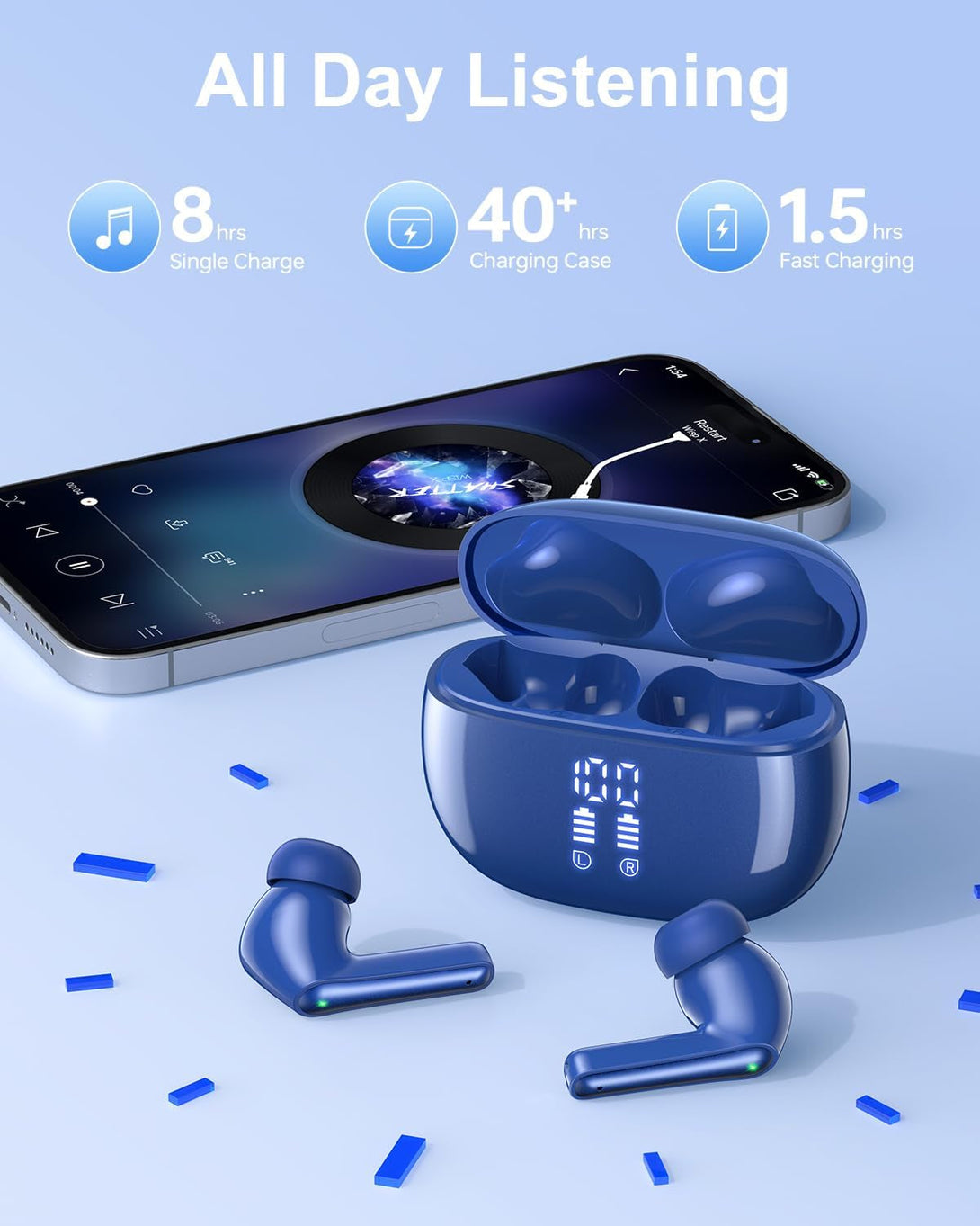 Ear Buds Wireless Earbuds - Bluetooth Headphones 40H Playtime LED Display Deep Bass Stereo In-Ear Earphones with IPX7 Waterproof for Iphone Android Phone Tablet Laptop, Navy Blue