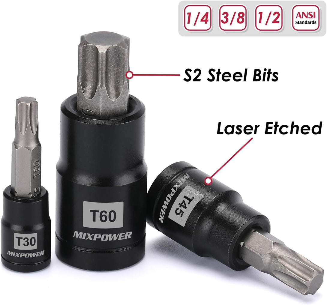 MIXPOWER 25 Piece Torx Bit and Socket Set, 13 Star Bits (T8- T60) & 12 E-Torx Sockets (E4-E22), Professional Grade Auto & Motorcycle Mechanic Set