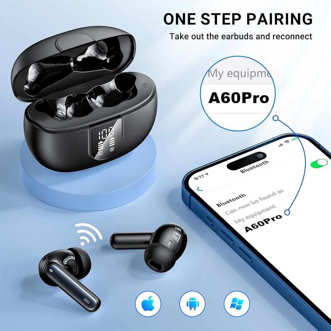 Wireless Earbuds Headphones Bluetooth 5.3 with 4 ENC Noise Cancelling Mics,Hi-Fi Stereo in Ear Ear Buds with LED Screen,42H Duration Playback,Ipx6 Waterproof Earphones for Ios Android Black