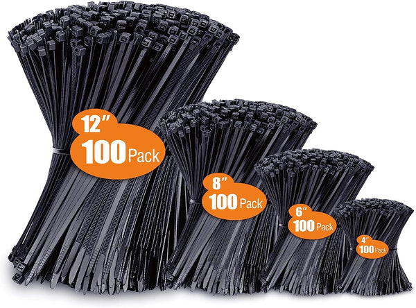 Zip Ties Assorted Sizes(4”+6”+8”+12”), 400 Pack, Black Cable Ties, UV Resistant Wire Ties by ANOSON