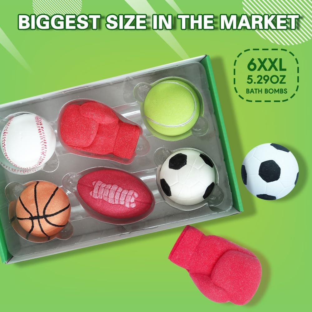 Bath Bombs for Kids, Extra Large Sports Bathbomb Set with 6 Sports Themes, All Natural Bath Bomb for Women and Men, Surpise inside Every Box of Bathbombs, Lasting Bath Fizzies for the Entire Family
