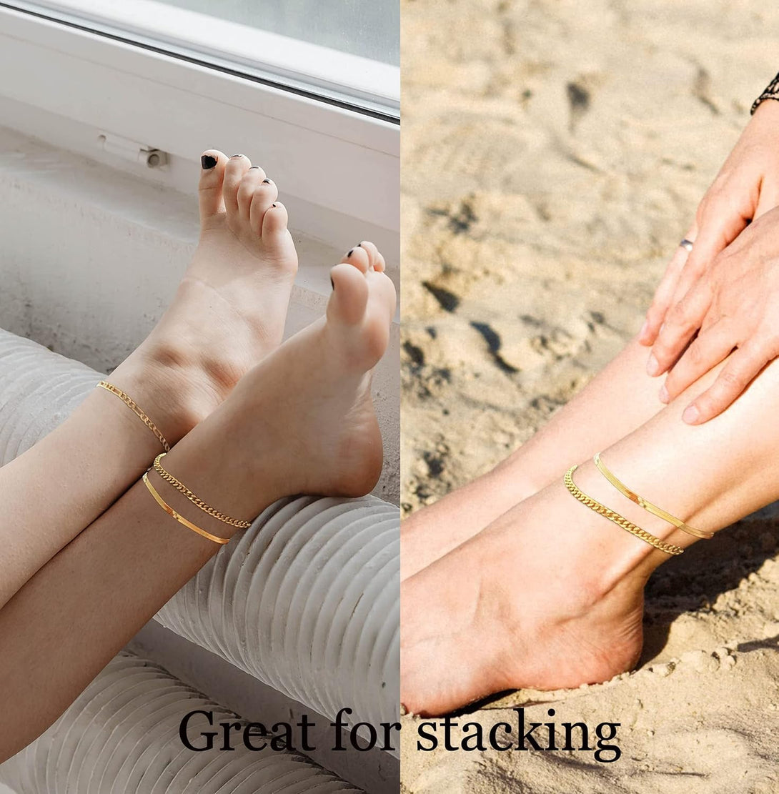 DEARMAY Gold Ankle Bracelets for Women, 14K Gold Anklets for Women Waterproof Cuban Link Anklets Set Layered Anklet Bracelets for Women Anklet for Women Gold Jewelry Gift