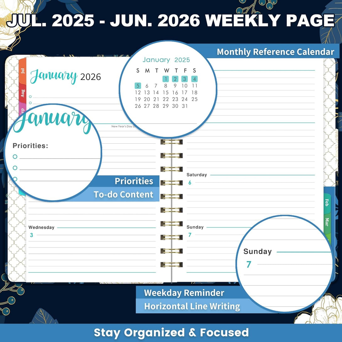 2025-2026 Planner - Academic Planner 2025-2026, July 2025 - June 2026, Weekly & Monthly Planner, 6.4" X 8.5", Colorful Tabs, Back Pocket, Holidays, Thick Paper, Twin-Wire Binding