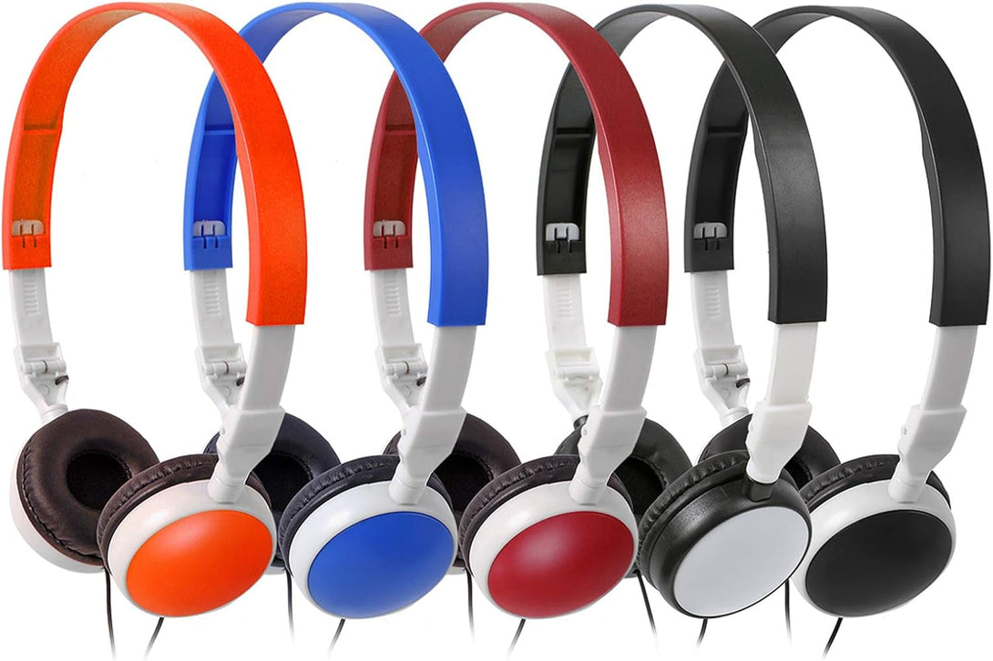 Bulk Headphones Wired for Classroom, Wholesale 5 Pack School KW-X05M Multi Colored Foldable Computers Headphones for Kids Students Children Teen Adults