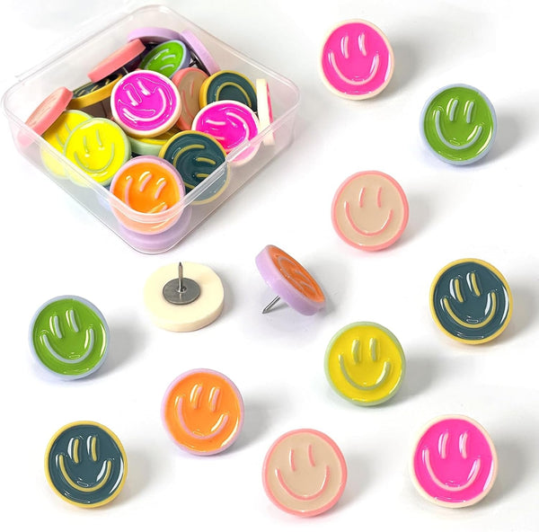 24 Smiley Face Decorative Push Pins, Cute Bulletin Board Push Pins, Thumbtacks for Cork Boards, Office Organization, or Home DÃ©cor (24-Colourful)