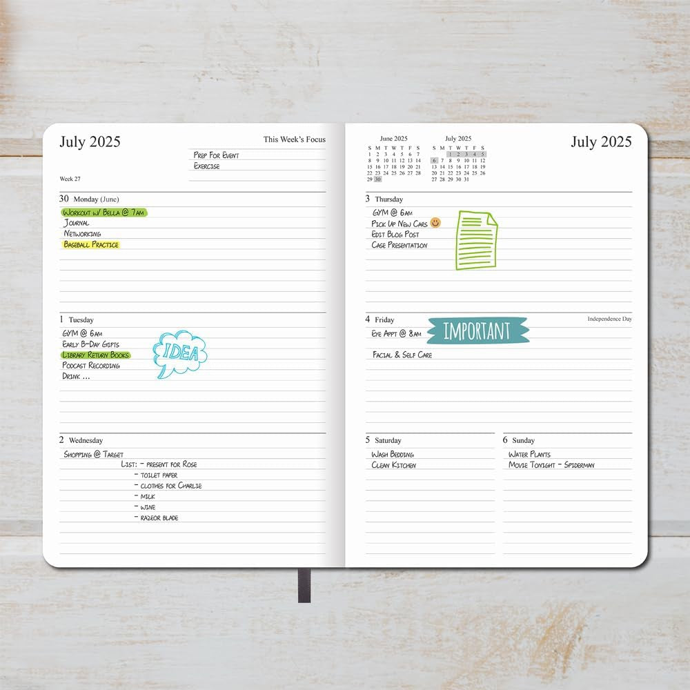 2025-2026 Planner - Weekly and Monthly Planner, July 2025 - June 2026, Holidays, Contacts and Notes Pages, Vegan Leather Cover, Elastic Closure, 5.5”X8.25”, Grey