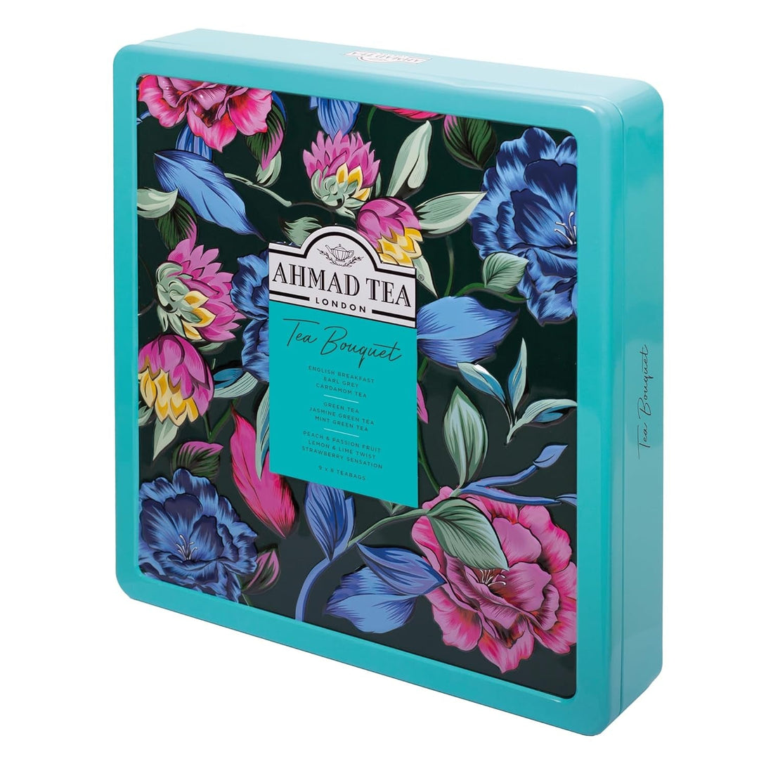 Ahmad Tea Floral Tea Tin Gift, Blue Caddy, 72 Tea Bags, Our Most Popular Black and Green Tea Assortment