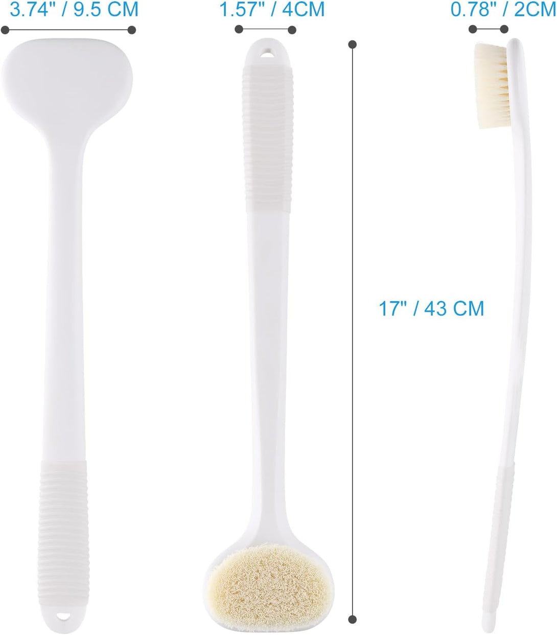 VANZAVANZU Back Scrubber for Shower, Bath Brush with 17-Inch Long Anti-Slip Handle, Wet and Dry Brushing Body Brush for Body Cleansing, Back Brush for Men and Women (White)