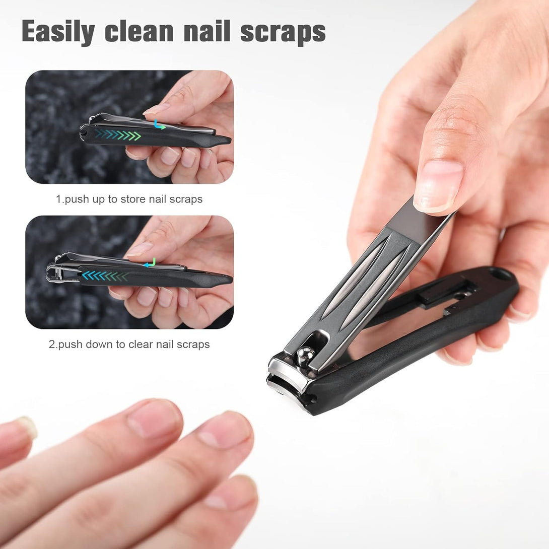 FERYES 3-In-1 Fingernail Clipper with No-Splash Nail Catcher and Metal Storage Box - Toenail Clipper with Nail File for Men & Women - Black