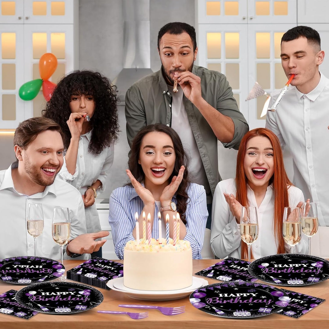 96Pcs Purple & Black Party Supplies - Paper Plates, Napkins, Dinnerware Set for Women, Men, Baby Showers & Birthdays - Serves 24