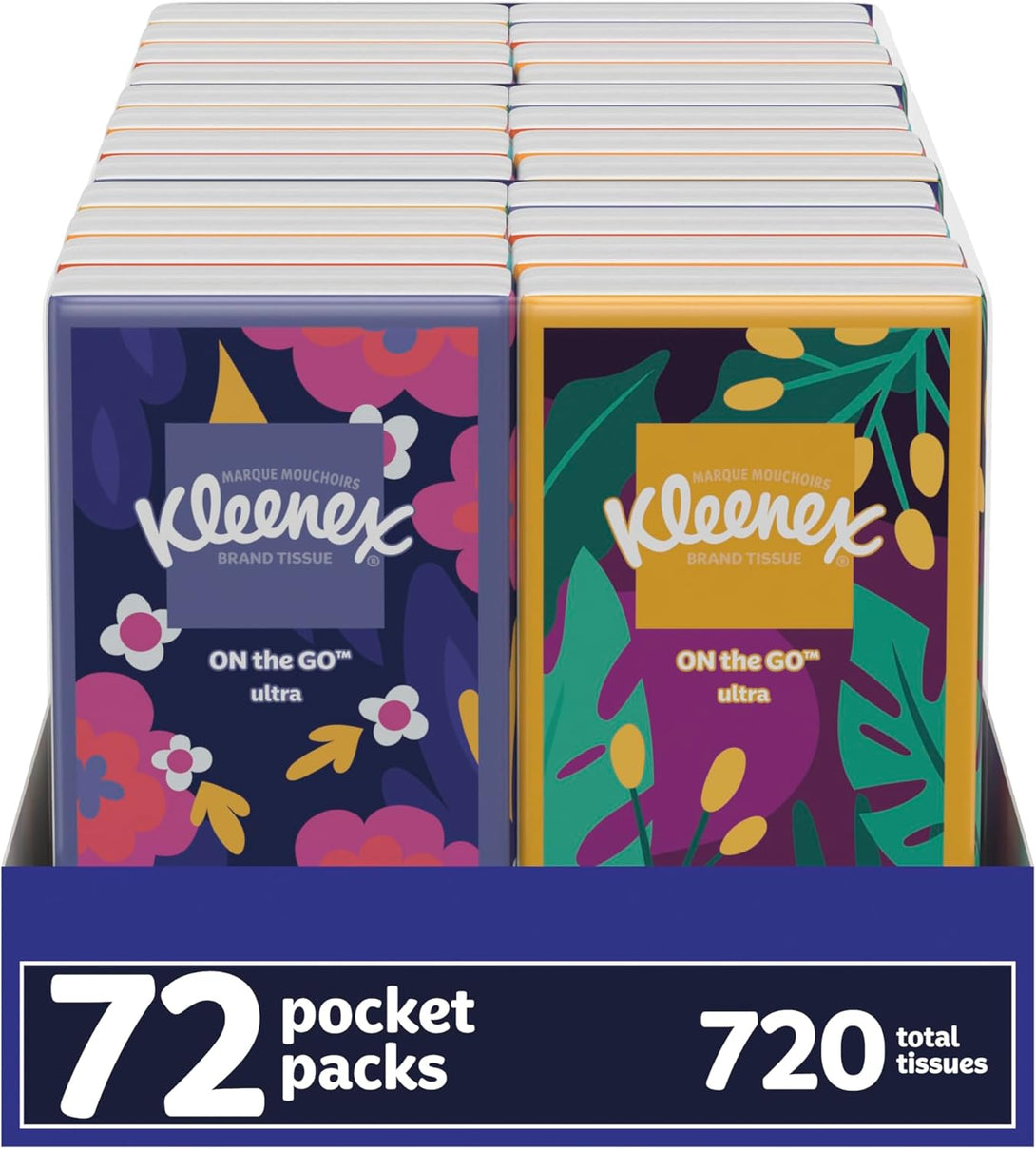 Kleenex On-The-Go Facial Tissues, 72 On-The-Go Packs (3 Trays of 24 Packs), 10 Tissues per Box (720 Total Tissues), 3-Ply, Packaging May Vary