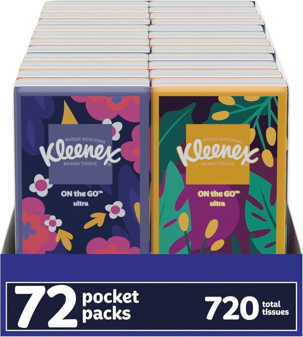 Kleenex On-The-Go Facial Tissues, 72 On-The-Go Packs (3 Trays of 24 Packs), 10 Tissues per Box (720 Total Tissues), 3-Ply, Packaging May Vary