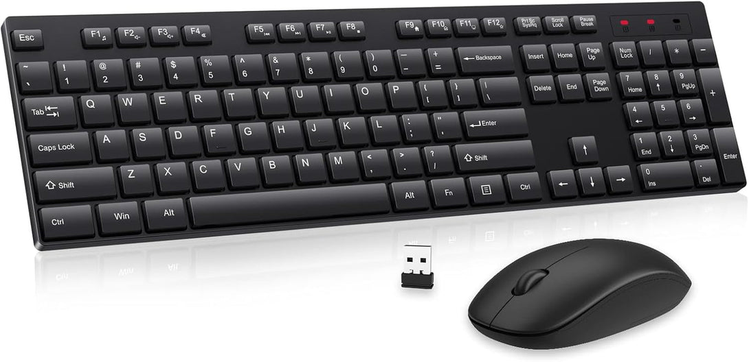 Wireless Keyboard and Mouse Combo, EDJO Silent Full Size Cordless USB Keyboard Mouse, 2.4Ghz Lag-Free, Long Battery Life, for Computer, Laptop, PC, Chromebook, Windows (Black, 1 Pack)