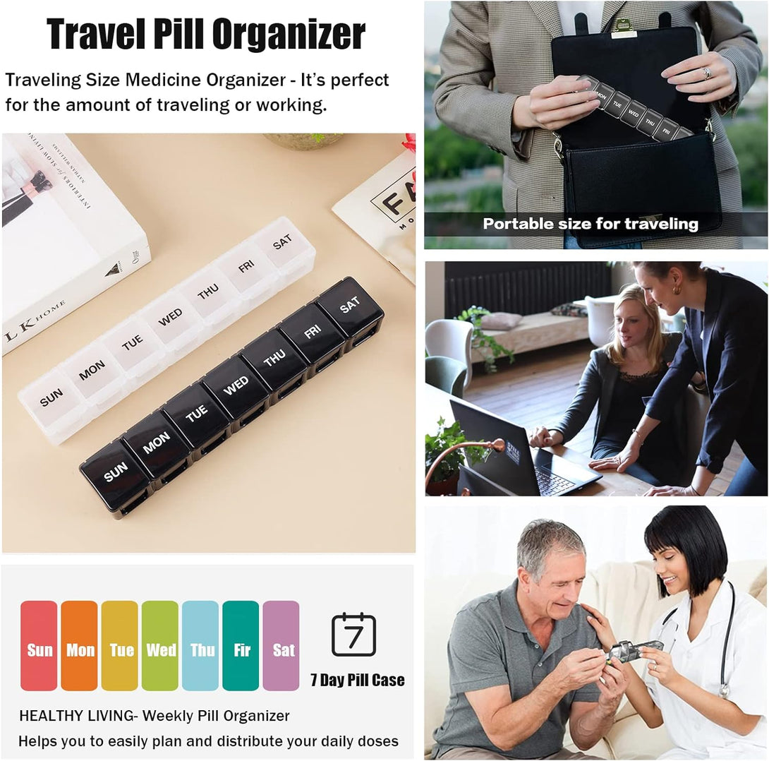 2 Pack Weekly Pill Organizer, Large 7 Day Pill Case, Daily Vitamin Case Medicine Box, AM/PM Pill Containers for Medicine Supplements Fish Oil（White & Black）