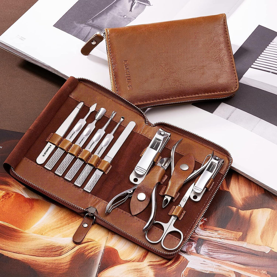 FAMILIFE Manicure Set, Professional Manicure Kit Nail Clippers Set 11 in 1 Stainless Steel Pedicure Tools Kit Nail Kit Men Grooming Kit with Portable Brown Leather Travel Case Luxury Gifts for Him