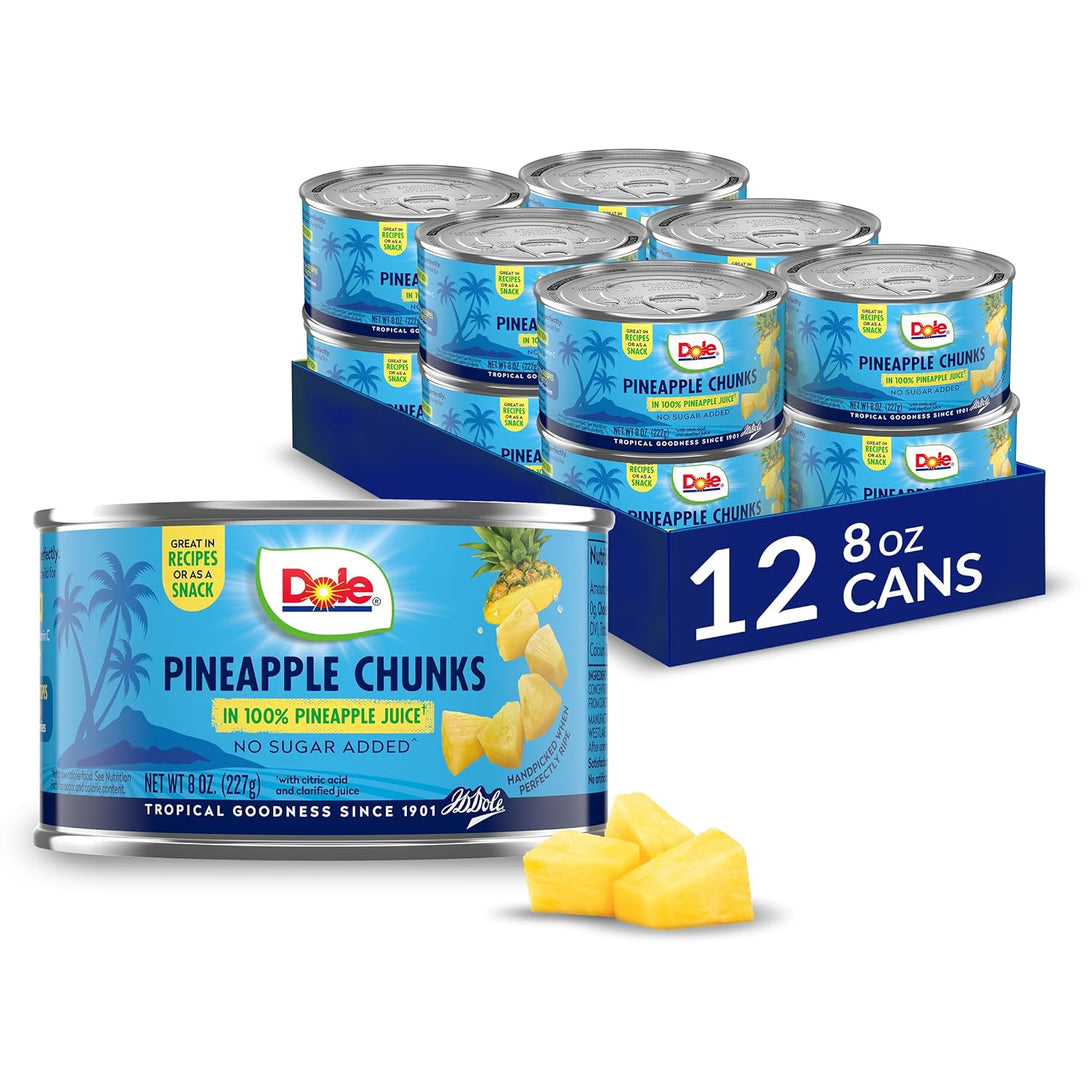 Dole Canned Fruit, Pineapple Chunks in 100% Pineapple Juice, Gluten Free, Pantry Staples, 8 Oz, 12 Count, Packaging May Vary