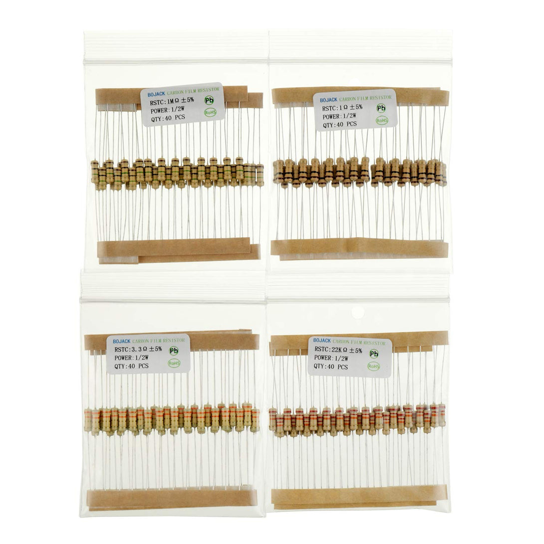 BOJACK 1000 Pcs 25 Values Resistor Kit 1 Ohm-1M Ohm with 5% 1/2W Carbon Film Resistors Assortment