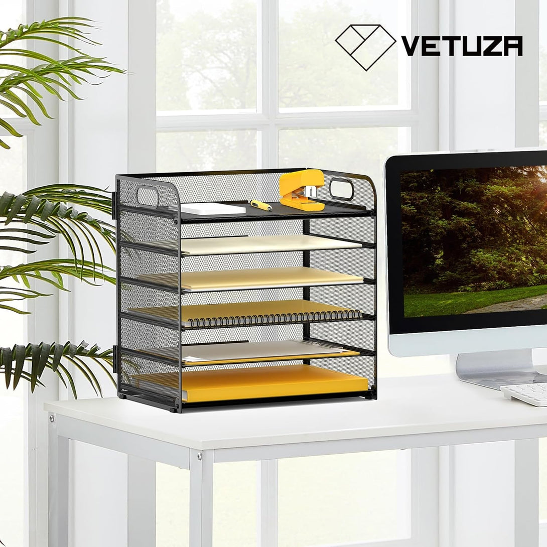 6 Tier Desk Paper Letter Organizer Tray, Mesh File Organizer, Letter Tray for Office & Home (1, Black)