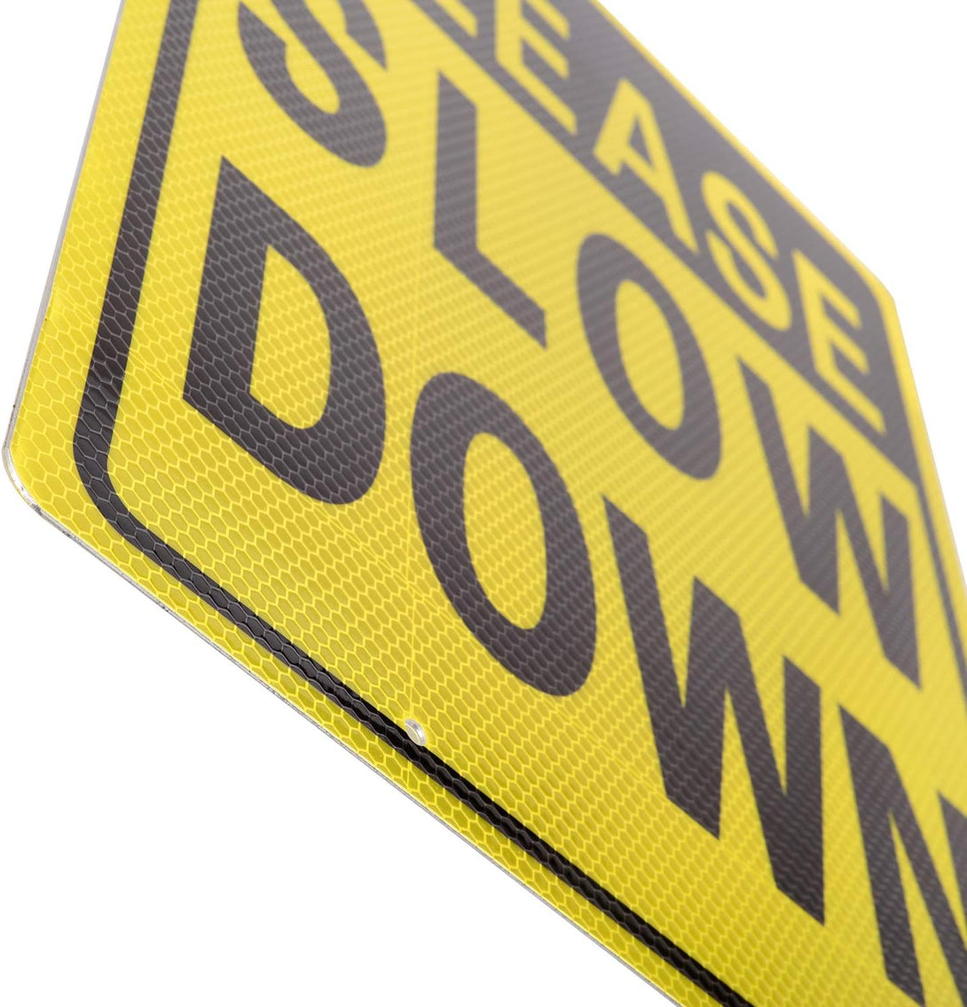 Kichwit Double Sided Aluminum Please Slow down Sign Reflective Metal Sign with Stakes, Sign Measures 11.8" X 15.8", 14" Long Metal Stakes Included