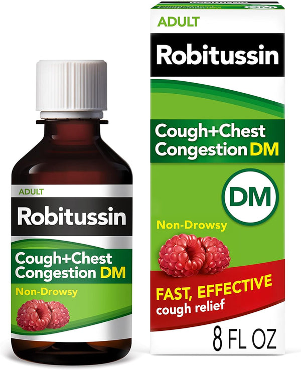 Robitussin Cough and Chest Congestion DM, Cough Suppressant and Expectorant, Raspberry Flavor - 8 Fl Oz Bottle