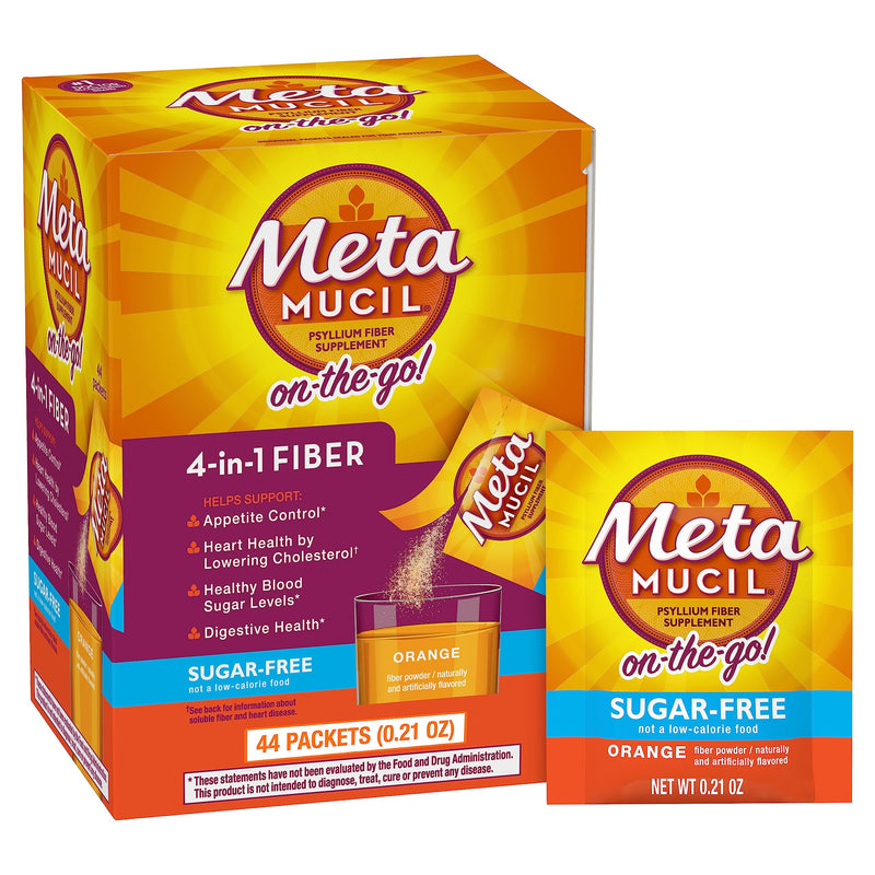 Metamucil On-The-Go, Daily Psyllium Husk Powder Supplement, Sugar-Free Powder, 4-in-1 Fiber for Digestive Health, Orange Flavored Drink, 44