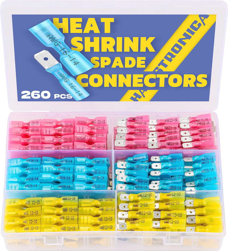 Haisstronica 260PCS Heat Shrink Spade Connectors - Quick Disconnect Female & Male Spade Terminals for Watercraft, Electronics & Automotive AWG