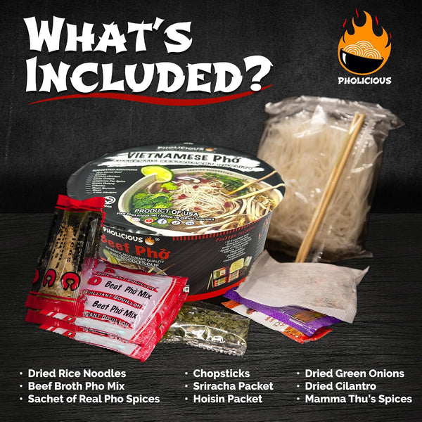 PhoLicious Instant Beef Pho, Authentic Vietnamese Rice Noodle Soup Kit with Spices & Broth Mix, Ramen Noodles Alternative, Quick Microwave Meal -