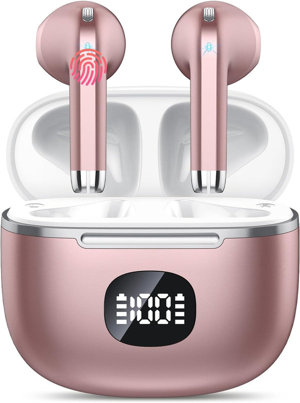 Wireless Earbuds, Bluetooth Headphones 5.3, 50H Playtime LED Display Deep Bass Ear Buds with 4 ENC Noise Cancelling Mic, IP7 Waterproof In-Ear Earphones for Phone Tablet Laptop Sports?Rose Gold?
