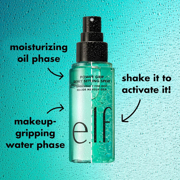 E.L.F. Power Grip Dewy Setting Spray, Ultra Fine Mist Made with Hyaluronic Acid, Grips Makeup for a Hydrated, Dewy Finish, Vegan & Cruelty-Free